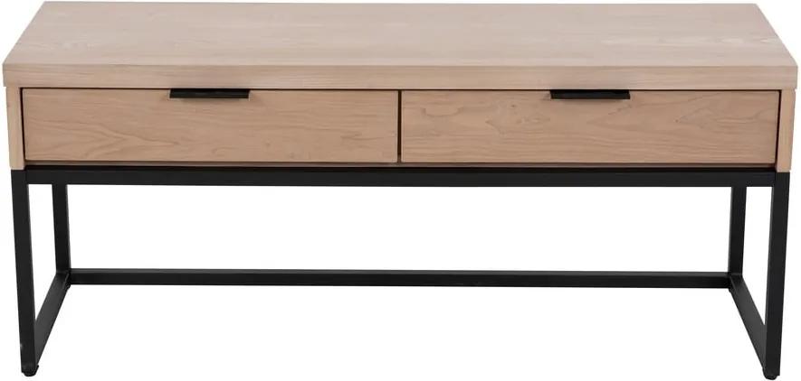 Televízny stolík s 2 zásuvkami z jaseňového dreva a kovovou konštrukciou Canett Cara, šírka 43 cm