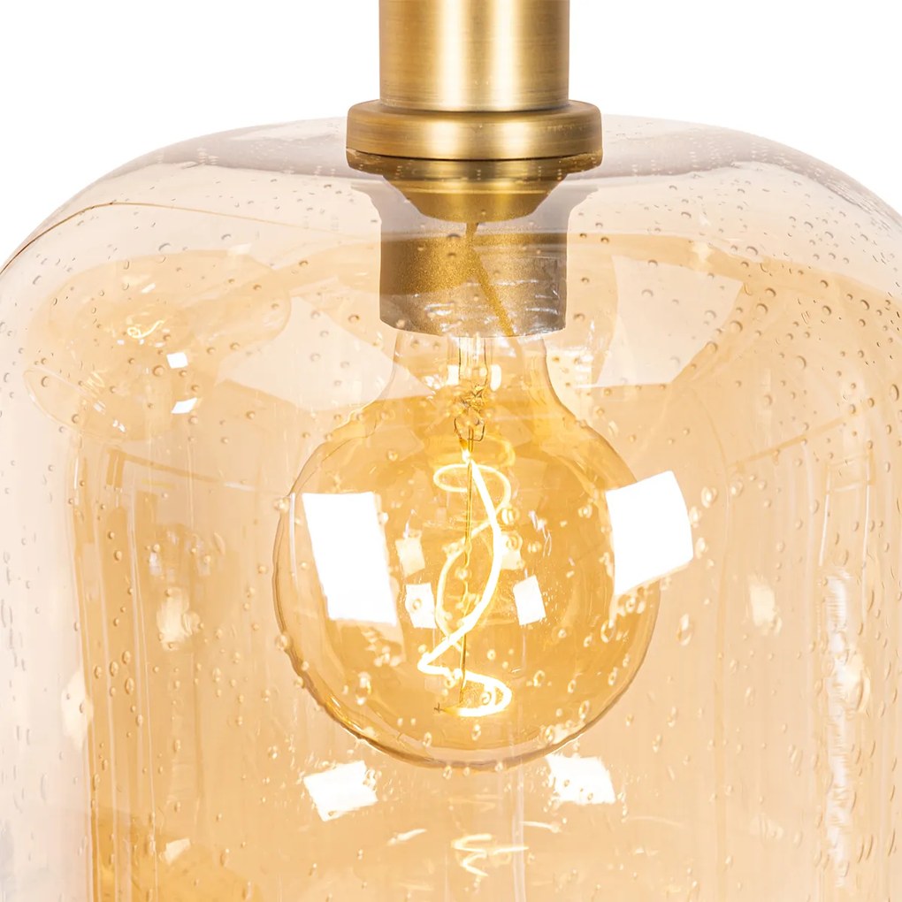 Dizajnové závesné svietidlo čierne s mosadzou a jantárovým sklom 3-svetlo - Zuzanna