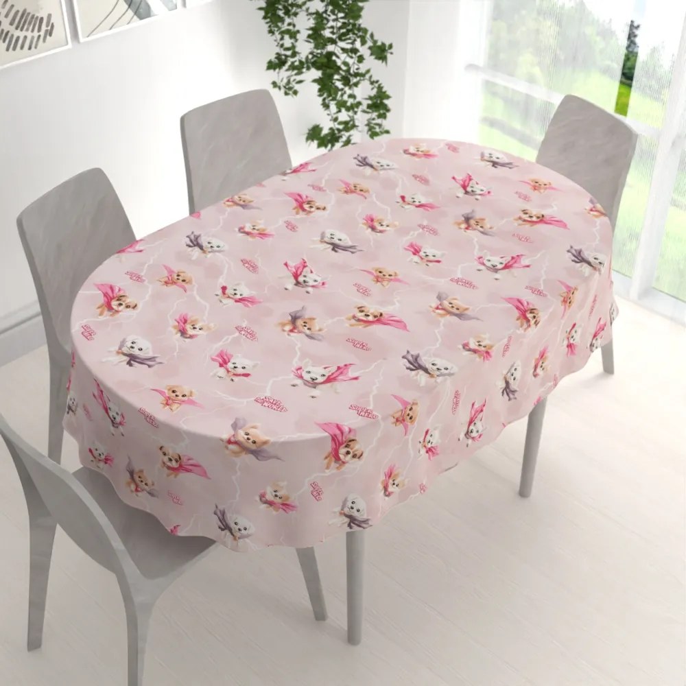 Biante Detský bavlnený oválny obrus Sandra SA-650 Psí superhrdinovia na staroružovom 140x180 cm