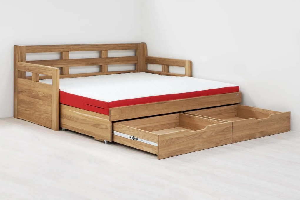 BMB TANDEM HARMONY s roštom a úložným priestorom 90 x 200 cm - rozkladacia posteľ z dubového masívu s pravou podrúčkou, dub masív