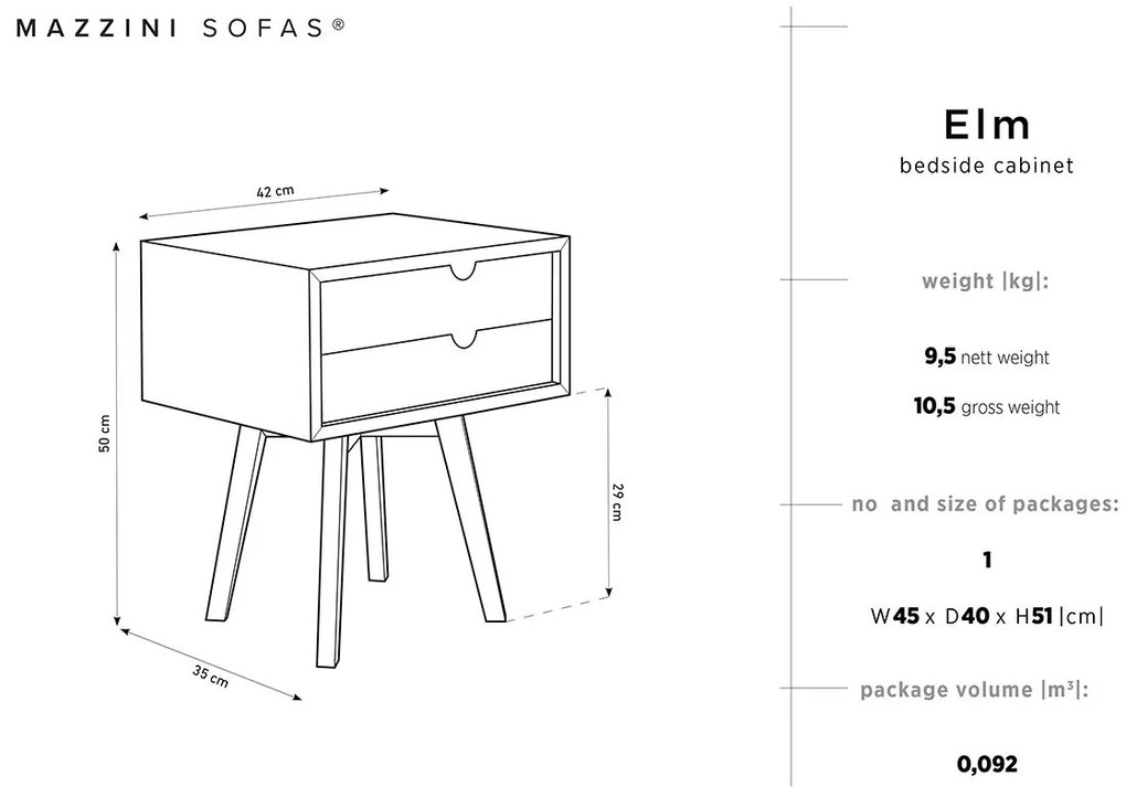 Nočný stolík Elm 42 × 35 × 43 cm MAZZINI SOFAS