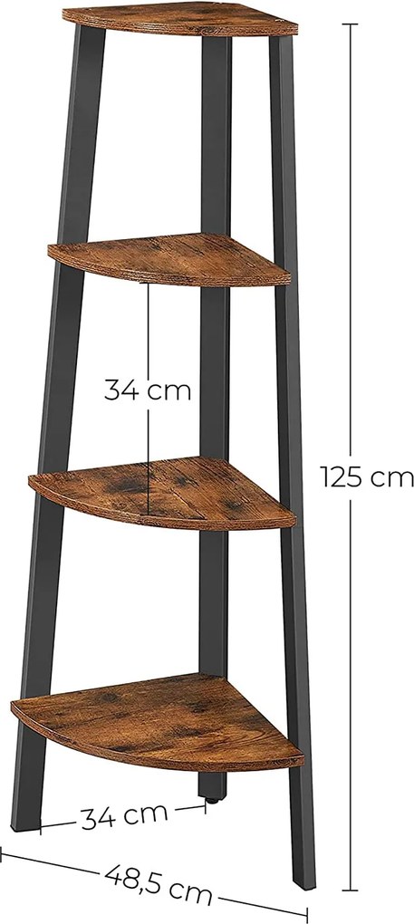 Rohový regál so 4 policami, polica na knihy, rustikálny hnedý