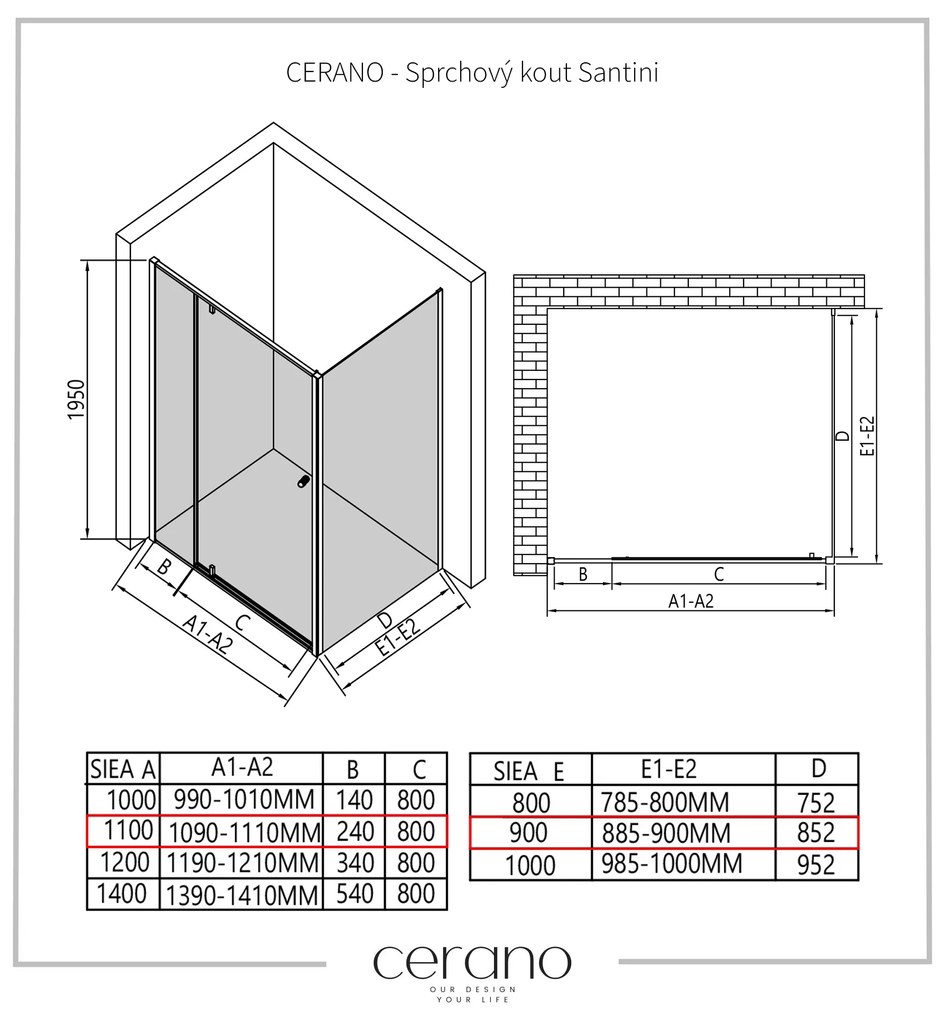 Cerano Santini, sprchovací kút s krídlovými dverami 110(dvere) x 90(stena) x 195 cm, 6mm číre sklo, chrómový profil, CER-CER-426229