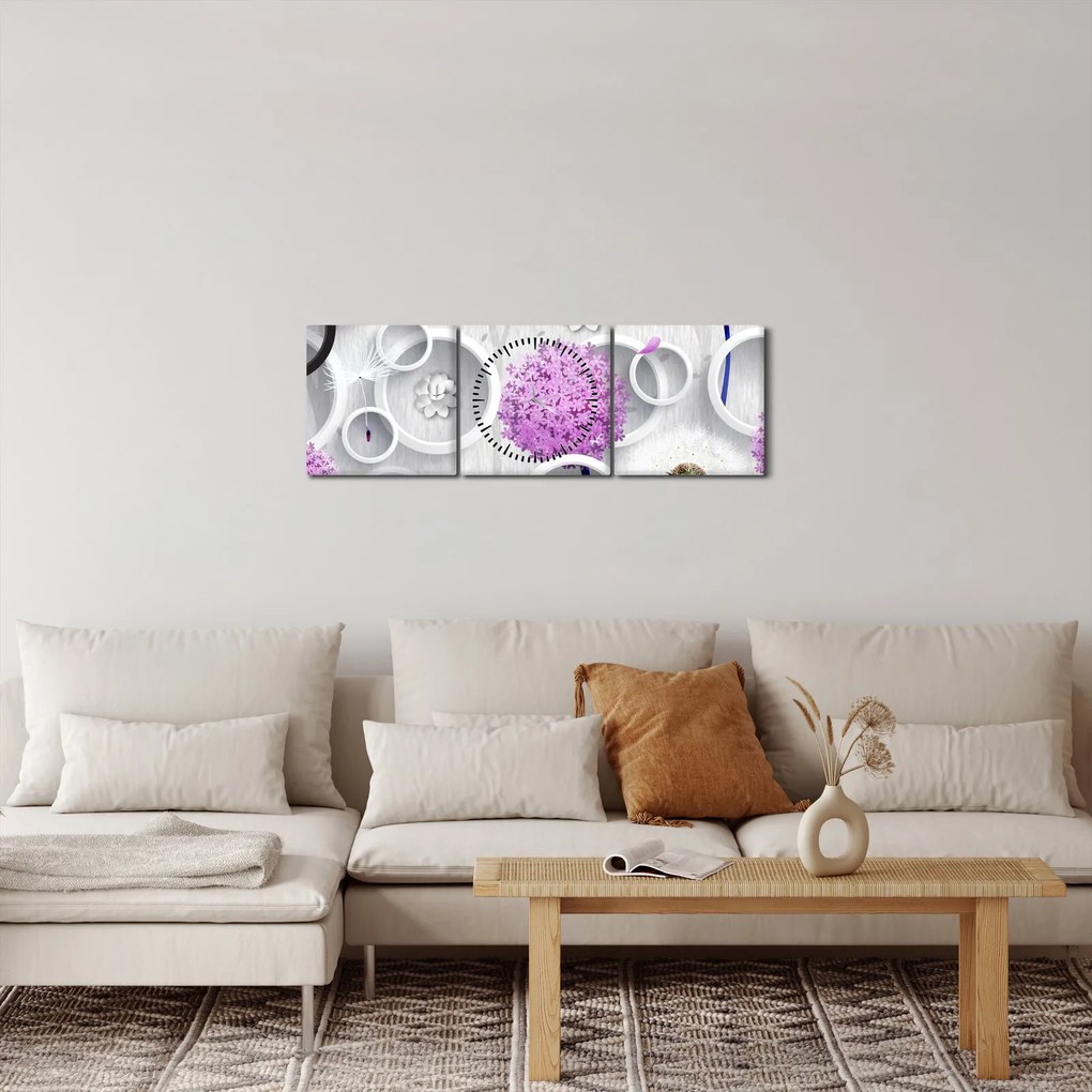 Obraz 3D abstrakcie s kruhmi a kvetinami (s hodinami) (90x30 cm)