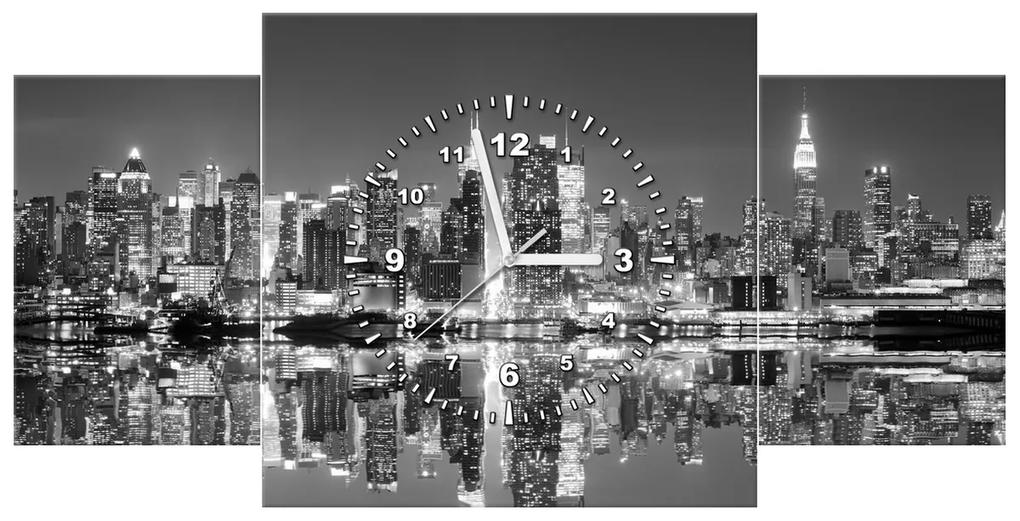 Gario Obraz s hodinami Nočný Manhattan - 3 dielny Rozmery: 30 x 90 cm