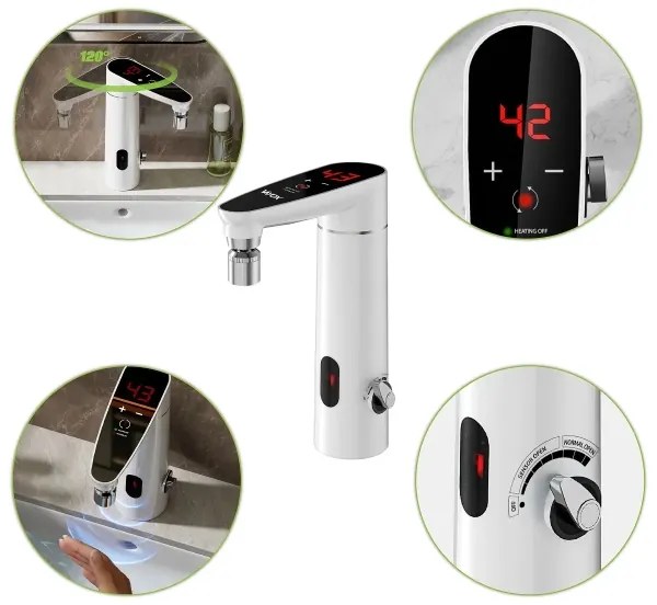 Dotykový prietokový ohrievač vody 3000W/230V IPX4 s LED displejom, biely