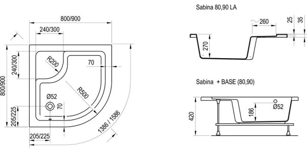 Ravak A217001020 - Štvrťkruhová sprchová vanička SABINA 90x90 cm biela