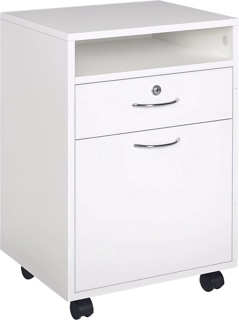 HOMCOM Office File Cart s 2 Kľúčmi, Šuflíkom, Skrinkou a 4 Kolesami v Bielej Drevotrieske, 40x35x60cm | Aosom