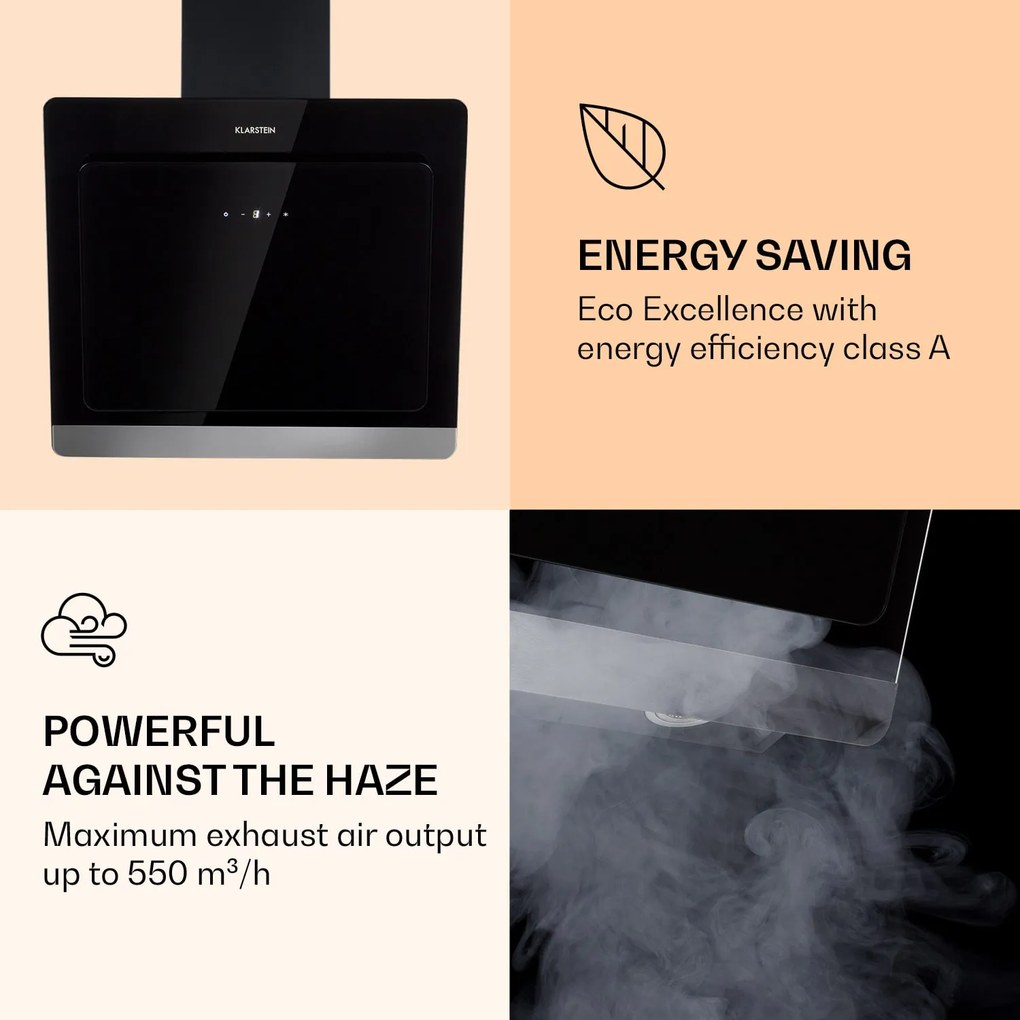 Klarstein Aurora Eco 60, digestor, 60 cm, nástenný, 550 m³/h, A+, dotykové ovládanie, čierny