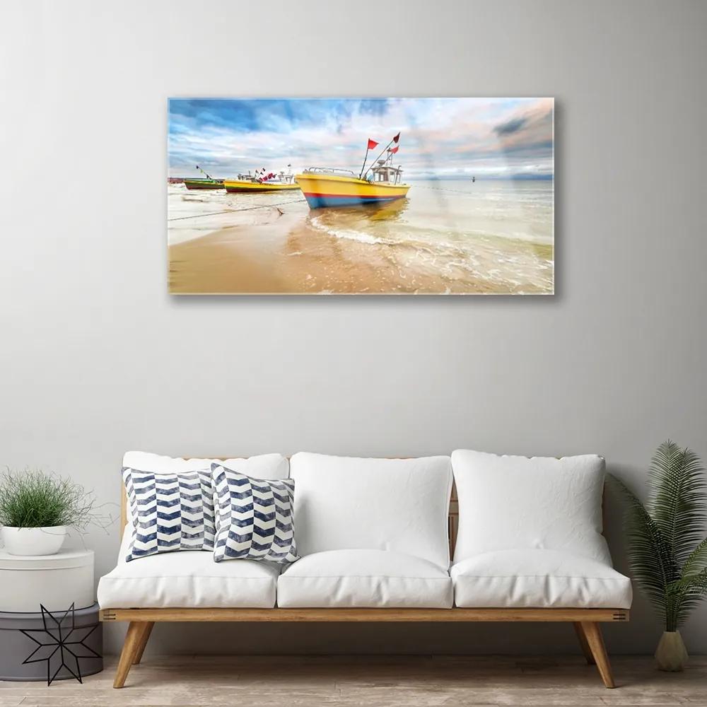Skleneny obraz Loďky pláž more krajina 100x50 cm