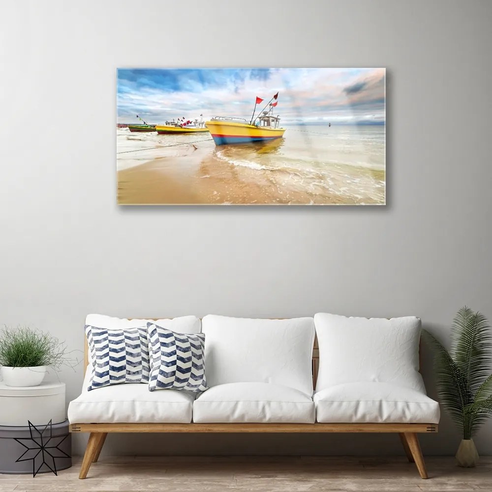 Skleneny obraz Loďky pláž more krajina 140x70 cm
