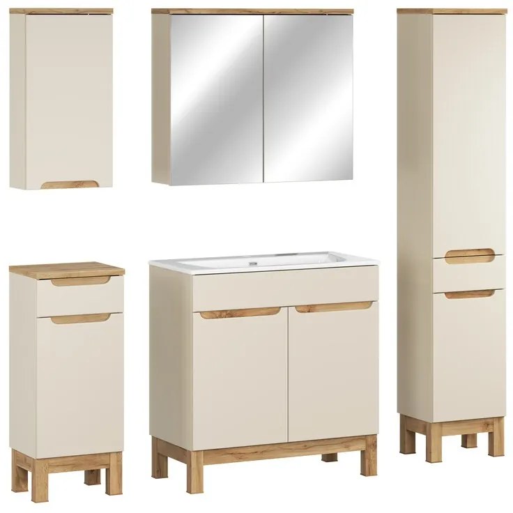 Koupelnová sestava Bali Sky se zápustným umyvadlem, skříňkami a zrcadlem 80 cm kašmírová/dub wotan