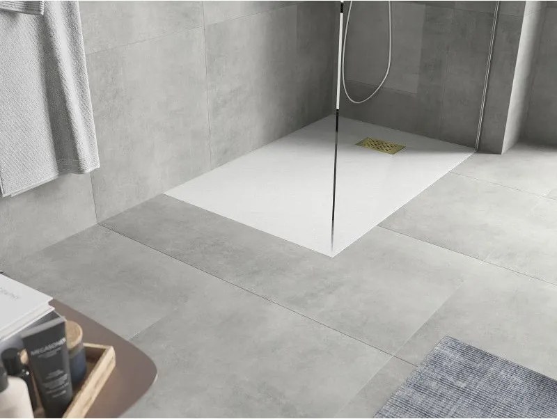 Mexen Hugo, obdĺžniková sprchová vanička SMC 90 x 70 cm, biela, zlatá krytka, 42107090-G