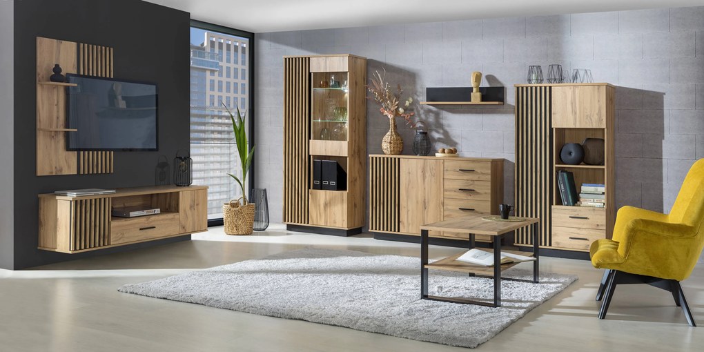 Vitrína typ LA3 Laticia (matna čierna + dub wotan). Akcia -19%. Vlastná spoľahlivá doprava až k Vám domov. 1040629