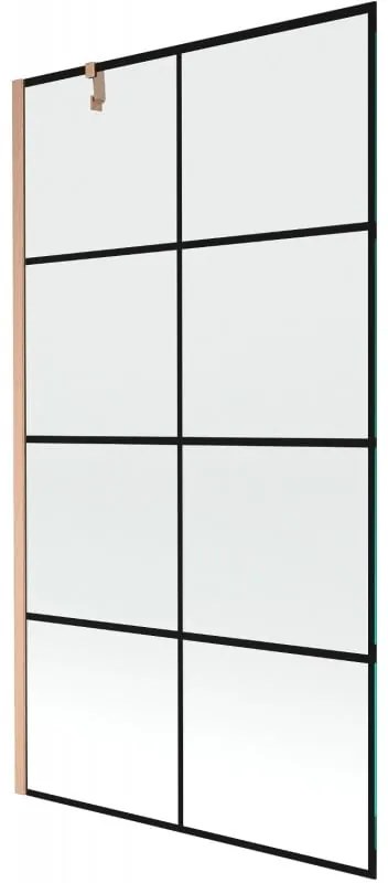 Mexen Next, 1-krídlová vaňová zástena 100 x 150 cm, 6mm číre sklo - čierny vzor, medená matná, 895-100-000-00-70-77