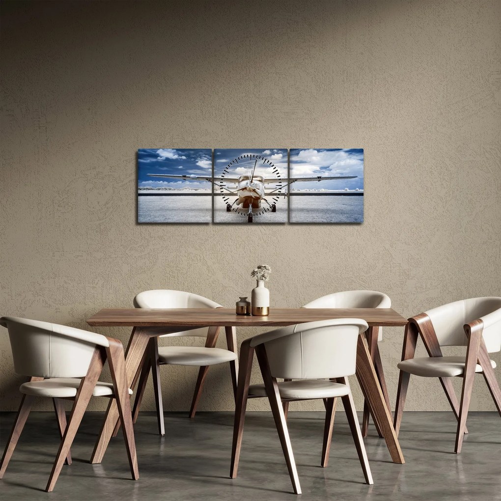 Obraz motorového lietadla (s hodinami) (90x30 cm)