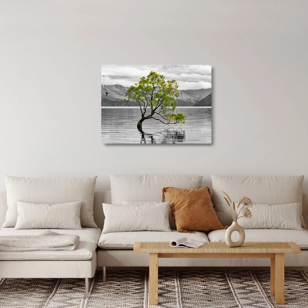 Sklenený obraz stromu uprostred jazera (70x50 cm)