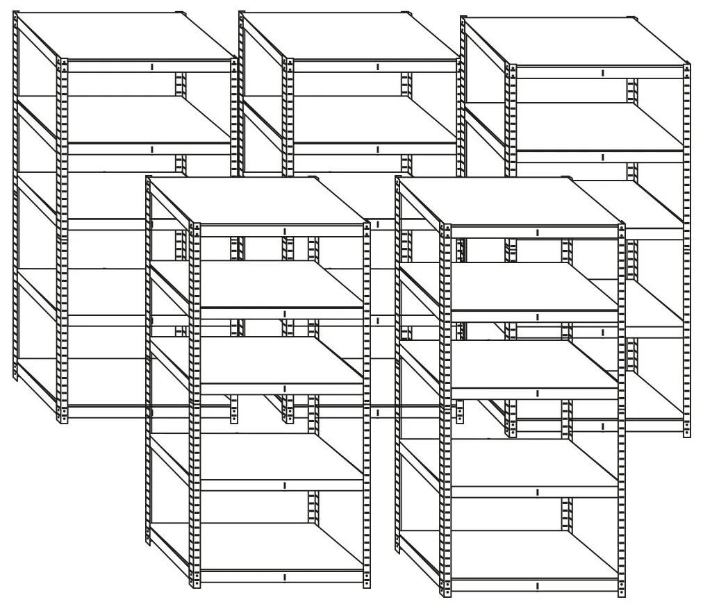 Pack 5x Stabil S, bezskrutkový kovový regál s HDF policou, 180x90x40 cm, 5 políc, 175kg na policu, zinok