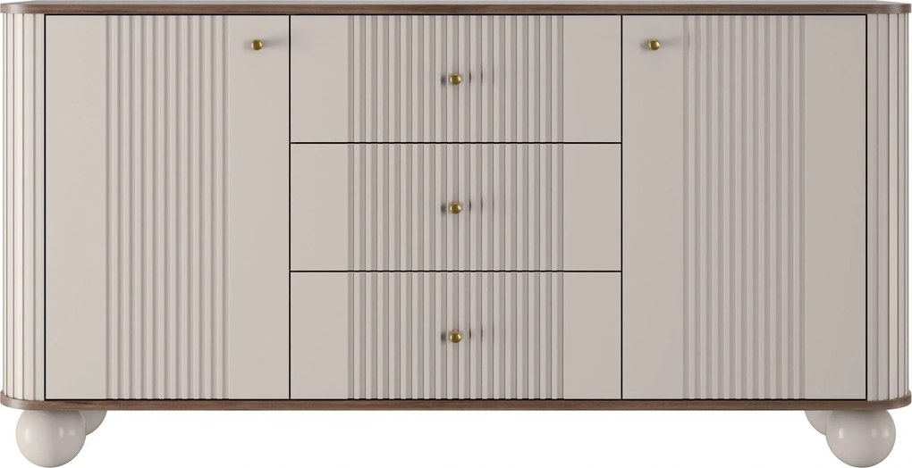Komoda so zásuvkami Vesper 160 cm - kašmír / orech / zlaté úchytky / guľové nohy