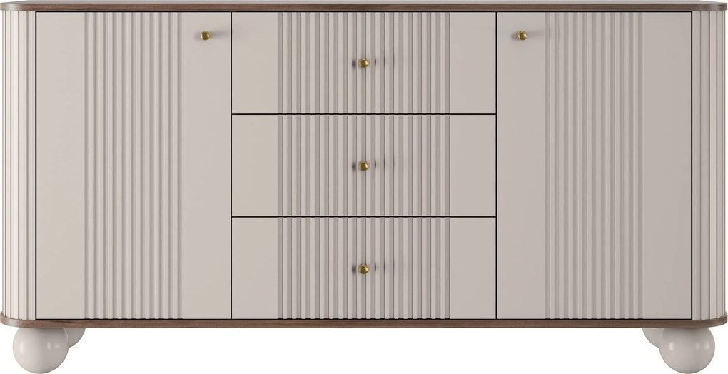 Komoda Vesper 160 cm so zásuvkami na guľatých nohách - kašmír / orech / zlaté úchytky