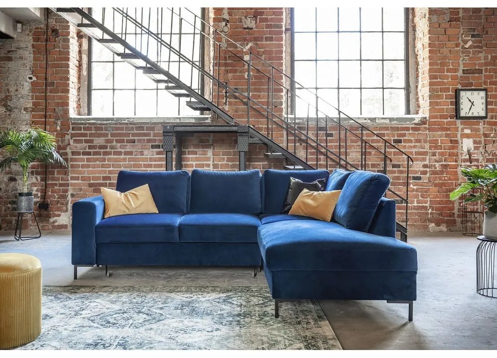 Tmavomodrá zamatová rozkladacia rohová pohovka (pravý roh) Lofty Lilly – Miuform