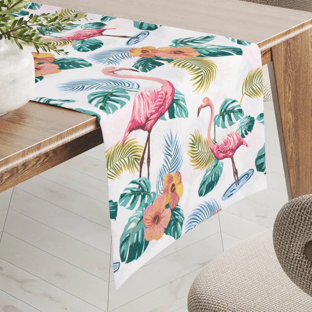 Biante Dekoračný behúň na stôl Leona LN-018 Plameniaky a tropické rastliny 45x140 cm