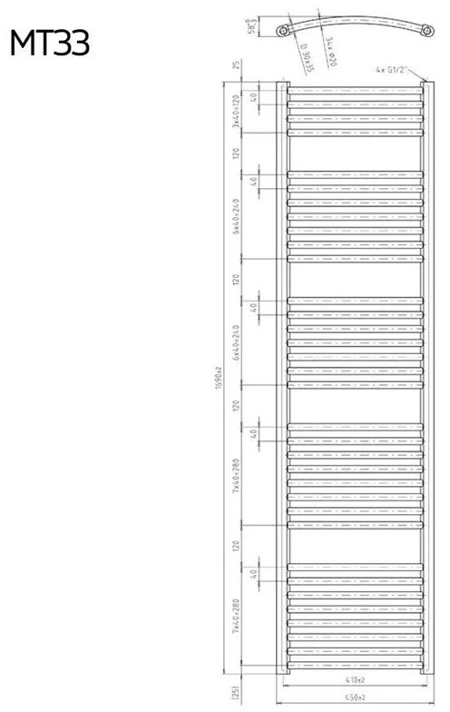 Mereo, Vykurovací rebrík 600x1850 mm, oblý, biely, MER-MT44