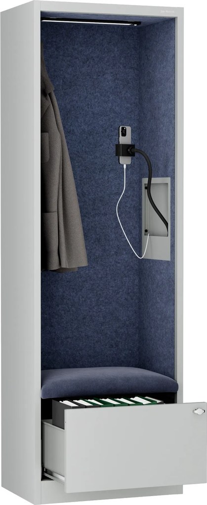 Kancelárska akustická kabína so sedadlom a portom USB-C, telo v sivý / sedák tmavomodrá v zelenej farbe, 600 mm: SALLY MentalBox