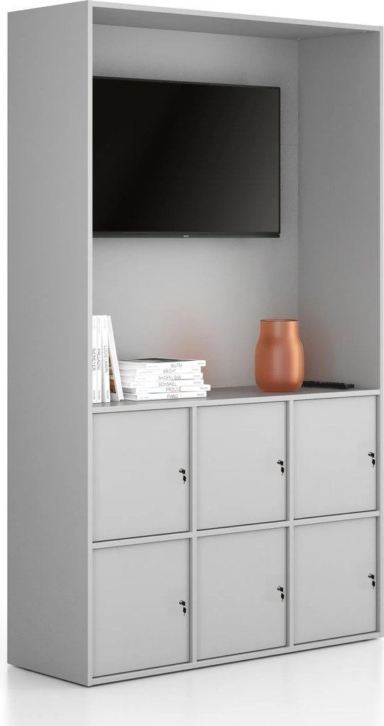 Kancelárska skriňa FRAME, 6x dvere, priestor pre TV, 1299 x 450 x 2162 mm, cylindrický zámok, sivá