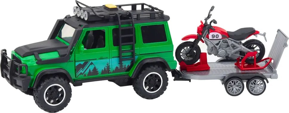 LEAN Toys Sada terénneho vozidla s prívesom a motorkou Svetlá, zvuky Zelená