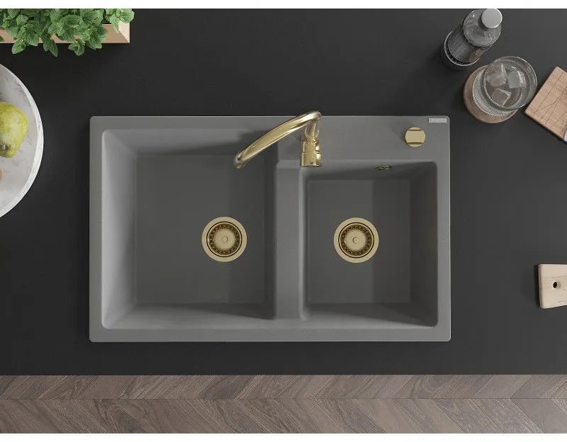 Mexen Tomas, granitový drez 800x500x190 mm, 2-komorový a zlatá batéria Telma, šedá, 6516-71-670200-50