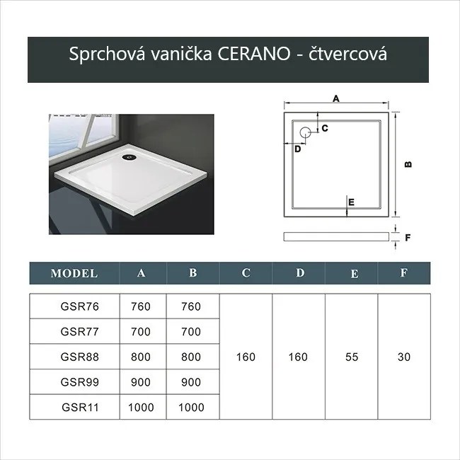 Cerano Piato, štvorcová sprchová vanička z liateho mramoru 80x80x3 cm, biela, CER-CER-GSR88