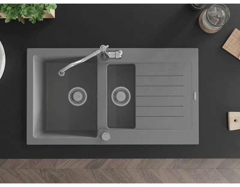 Mexen Matias, granitový drez 900x505x200 mm, 1,5-komorový a drezová batéria Carla, šedá, 6502-71-670700-00