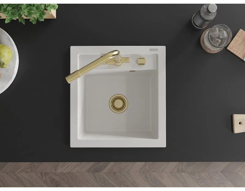 Mexen Vito, 1-komorový granitový drez 520x490x210 mm, zlatá batéria Duero, biela, 6503-20-671600-50