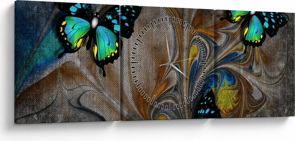 Obraz - Žiariví motýle na obraze (s hodinami) (90x30 cm)