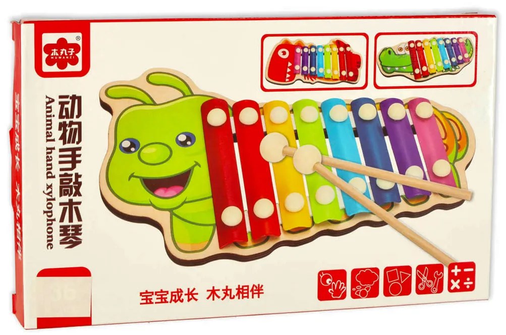 KIK Farebný drevený cimbal pre deti húsenica
