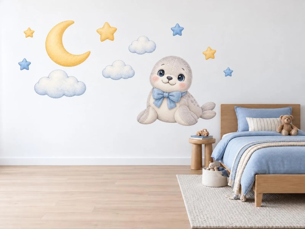 Plyšový tuleň s mesiačikom hviezdne uspávacie textilné nálepky na stenu do detskej izbičky pre chlapčeka hárok 46 x 34 cm