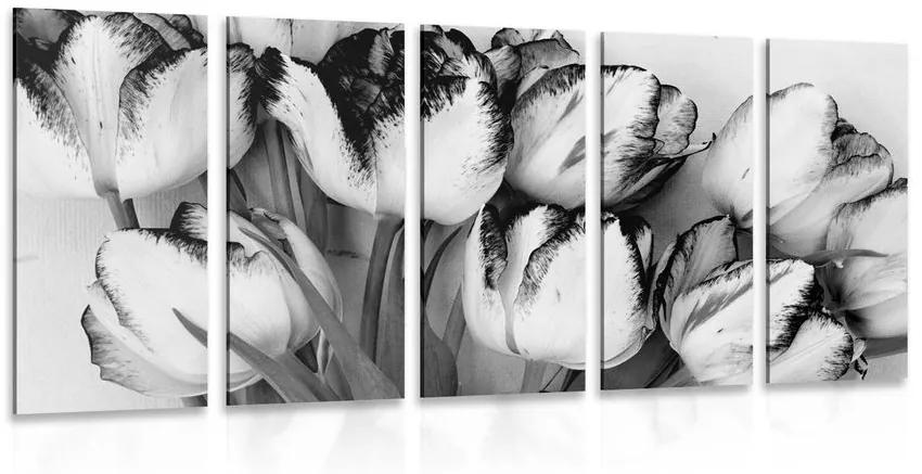 5-dielny obraz jarné tulipány v čiernobielom prevedení