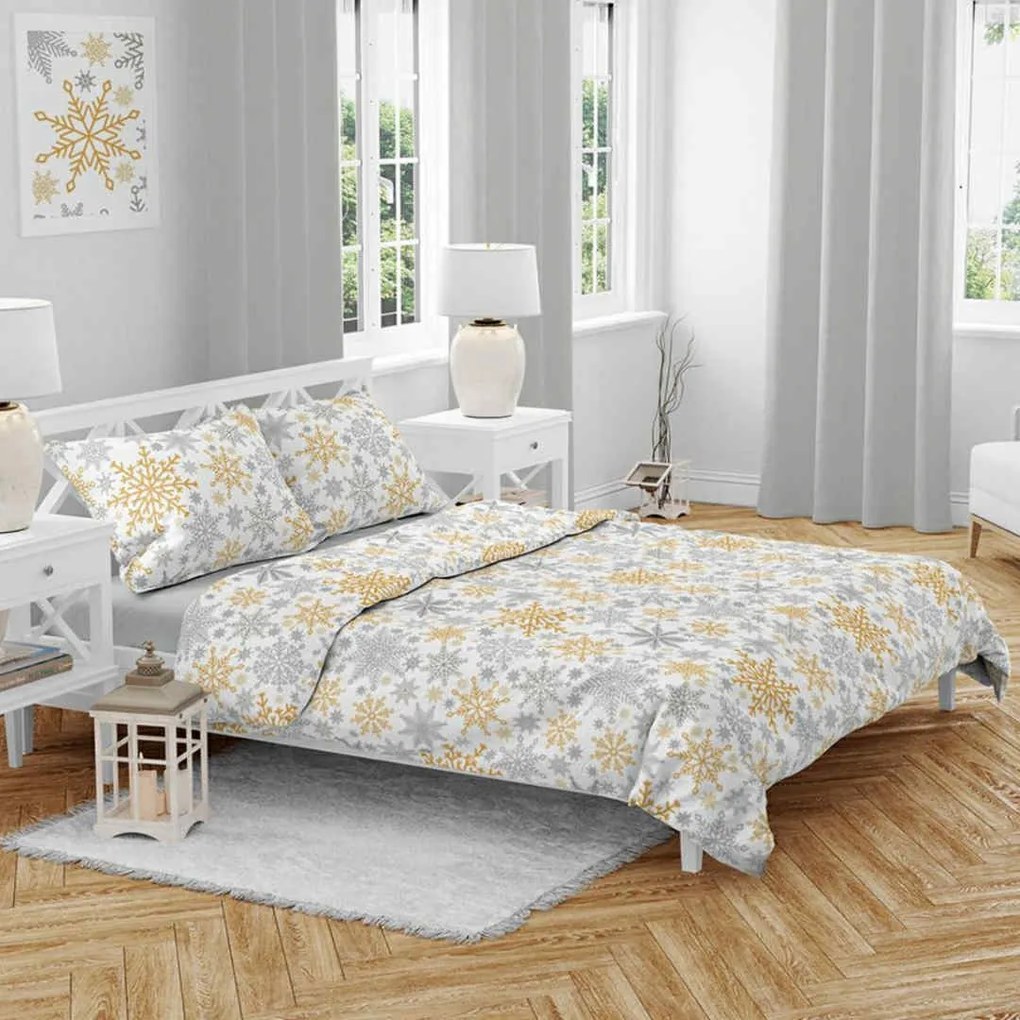 Vianočné obliečky bavlnené Vločka zlatá TiaHome - 1x Vankúš 90x70cm, 1x Paplón 140x200cm
