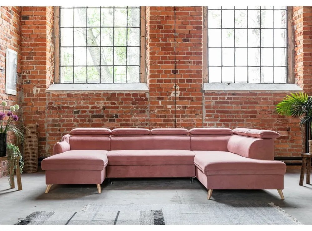 Svetloružová zamatová rozkladacia rohová pohovka do "U" (pravý roh) Sweet Harmony – Miuform