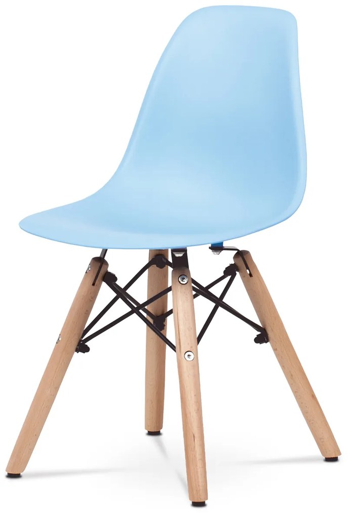 detská stolička, modrý plast, masív buk, čierny kov