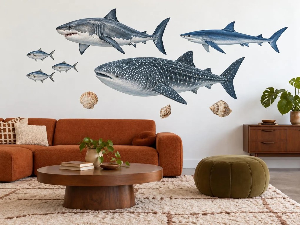 Žraloci v oceáne realistické textilné nálepky na stenu do obývacej izby arch 35 x 46 cm