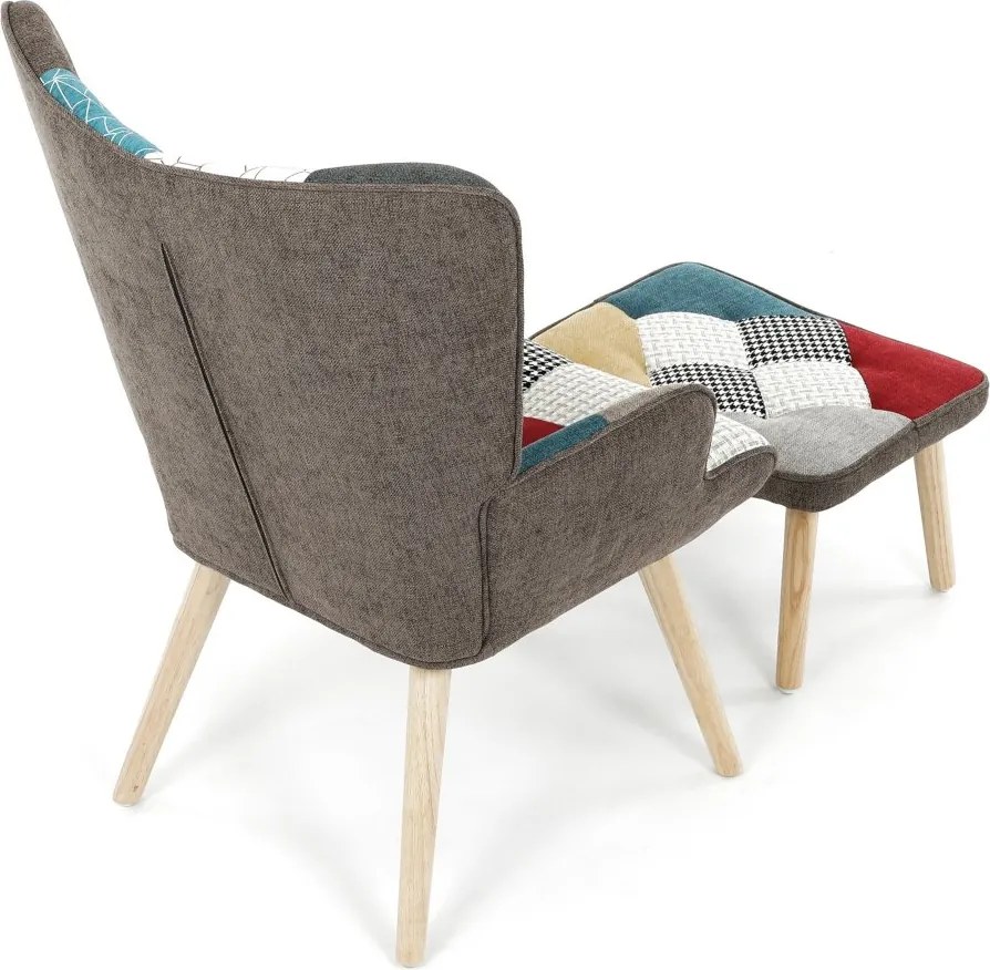 Relaxačné kreslo ušiak LISA + taburet — masív, látka, patchwork