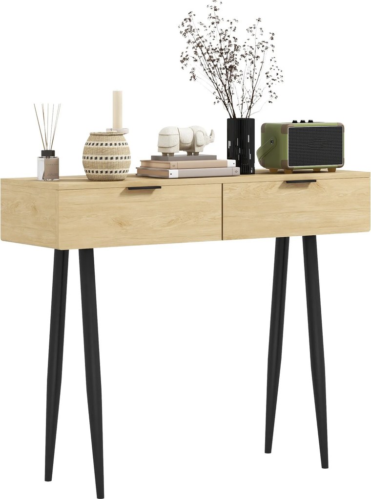 HOMCOM Konferenčný stolík do predsiene s 2 zásuvkami a oceľovými nohami 100x30x80.5 cm Dub | Aosom