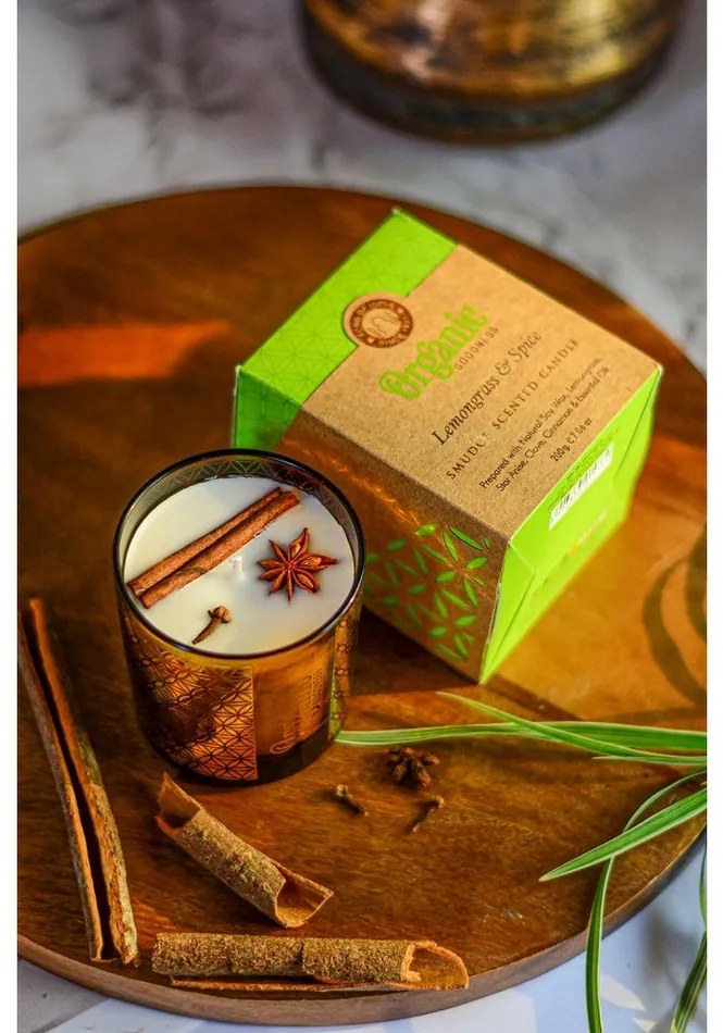 Organická vykurovacia sviečka Lemongrass & Spice 200 g v skle so zlatou fóliou