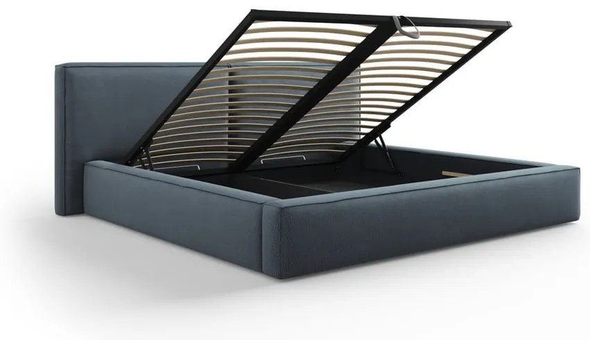 Tmavomodrá čalúnená dvojlôžková posteľ s úložným priestorom a roštom 140x200 cm Arendal – Cosmopolitan Design