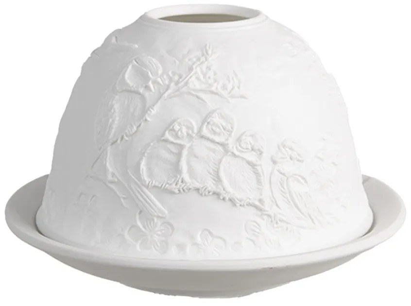 Biely porcelánový svietnik na čajovú sviečku s vtáčikmi Paollo - Ø 12*8 cm