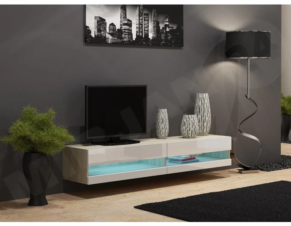 TV skrinka Zigo New 180, Osvetlenie: osvetlenie LED modré, Farby: šedý / šedý lesk