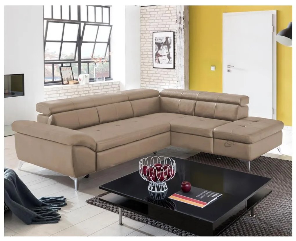 Rozkladacia kožená rohová sedacia súprava SALERNO II pravá hnedá