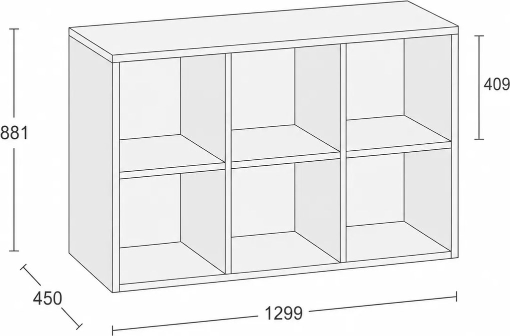 Regál FRAME, nízky, 3 stĺpce, 881 x 1299 x 450 mm, orech